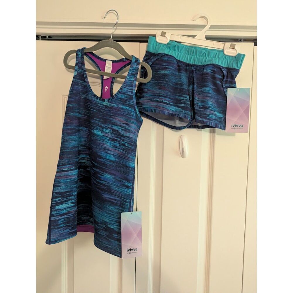 NWT Ivivva by Lululemon blue stripe set **reversible tank girls 8/12